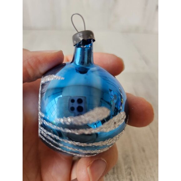 Vintage blue glitter indent ball mercury glass ornament Xmas silver glitter tree - Picture 8 of 8